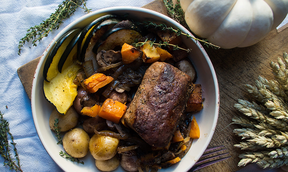 Cider-Braised Venison Loin with Roasted Autumn Veggies