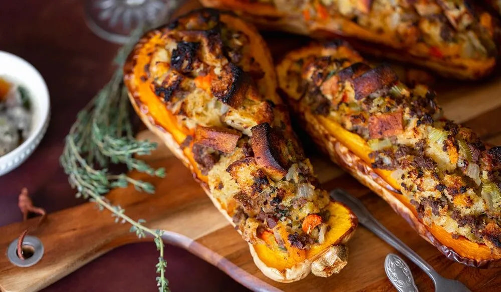 Ground Elk Brown Butter Sage Stuffing Filled Butternut Squash