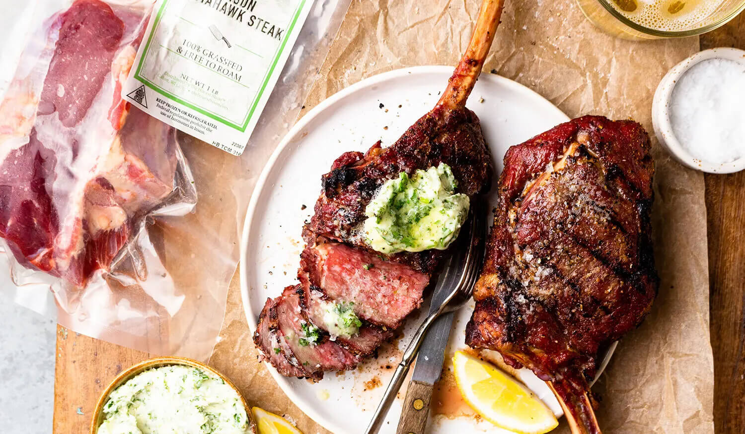 Grilled Bison Tomahawk Steaks with Chimichurri Butter