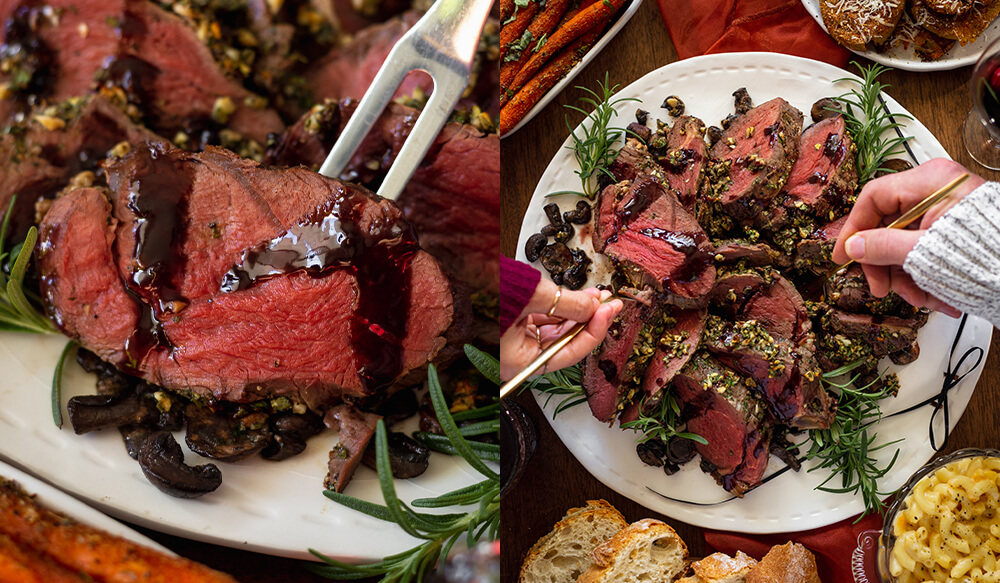 Herb Crusted Whole Bison Tenderloin with Mushrooms and Port Wine Sauce